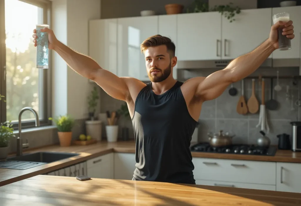 Man stretching in the morning while holding a glass of blue salt water