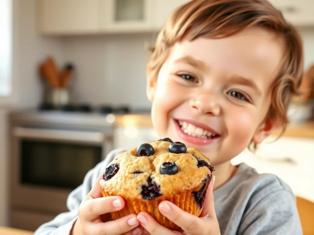 A happy child enjoying a muffin