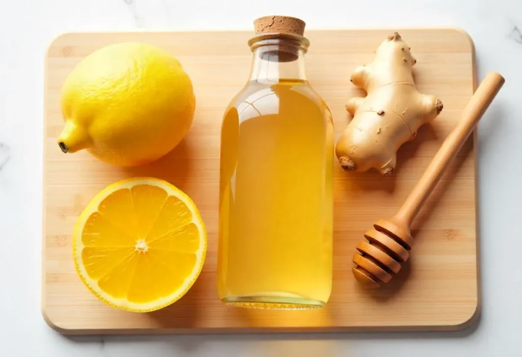Raw apple cider vinegar, lemon halves, fresh ginger root on a table