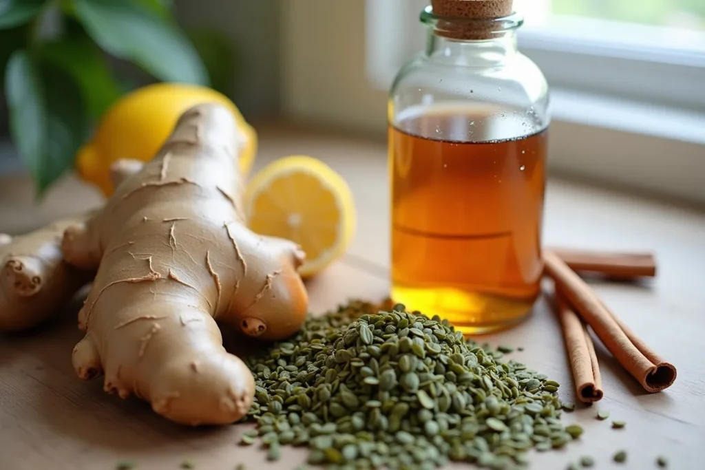 Assorted natural ingredients like ginger, cinnamon, and green tea