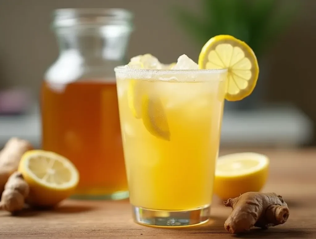 Glass of natural mounjaro detox drink with lemon and ginger