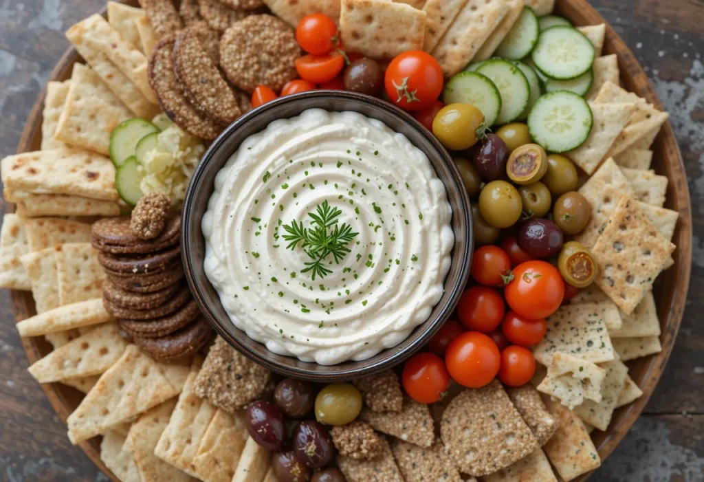 White bean dip served on a party platter with snacks
