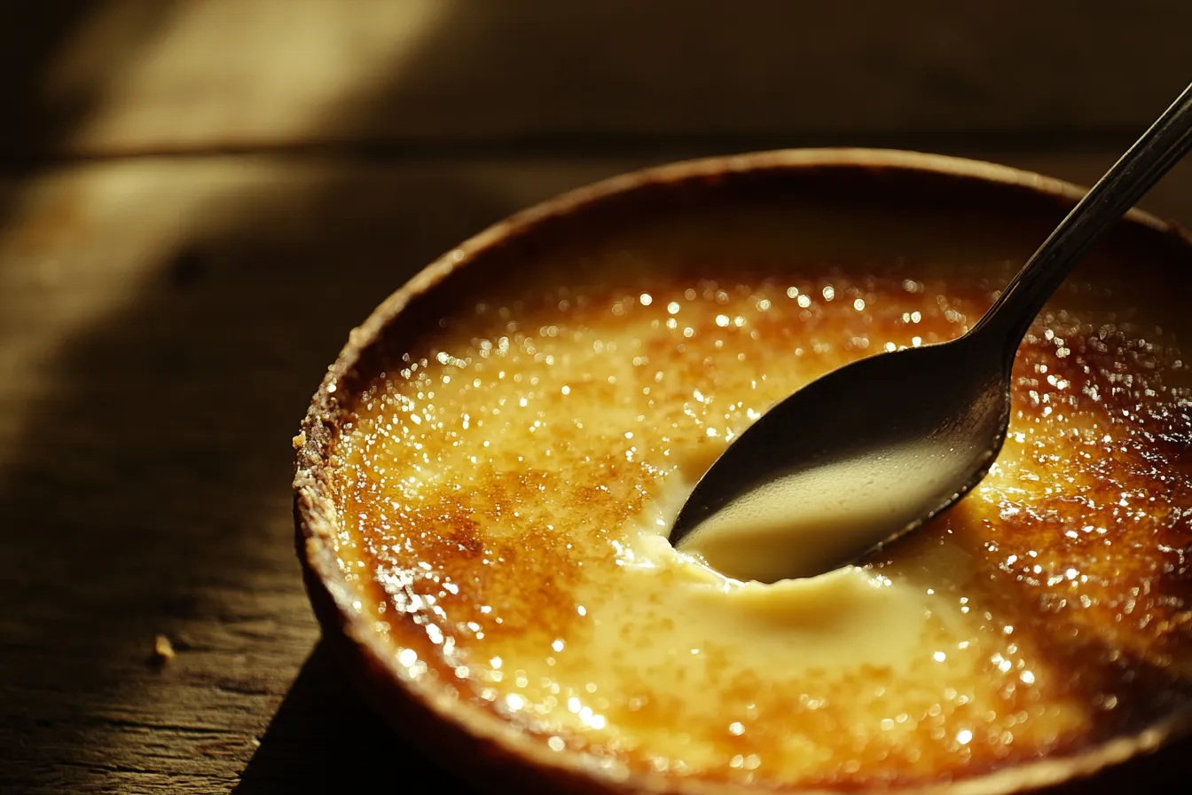 Cracking the caramelized top of a creme brulee with a spoon