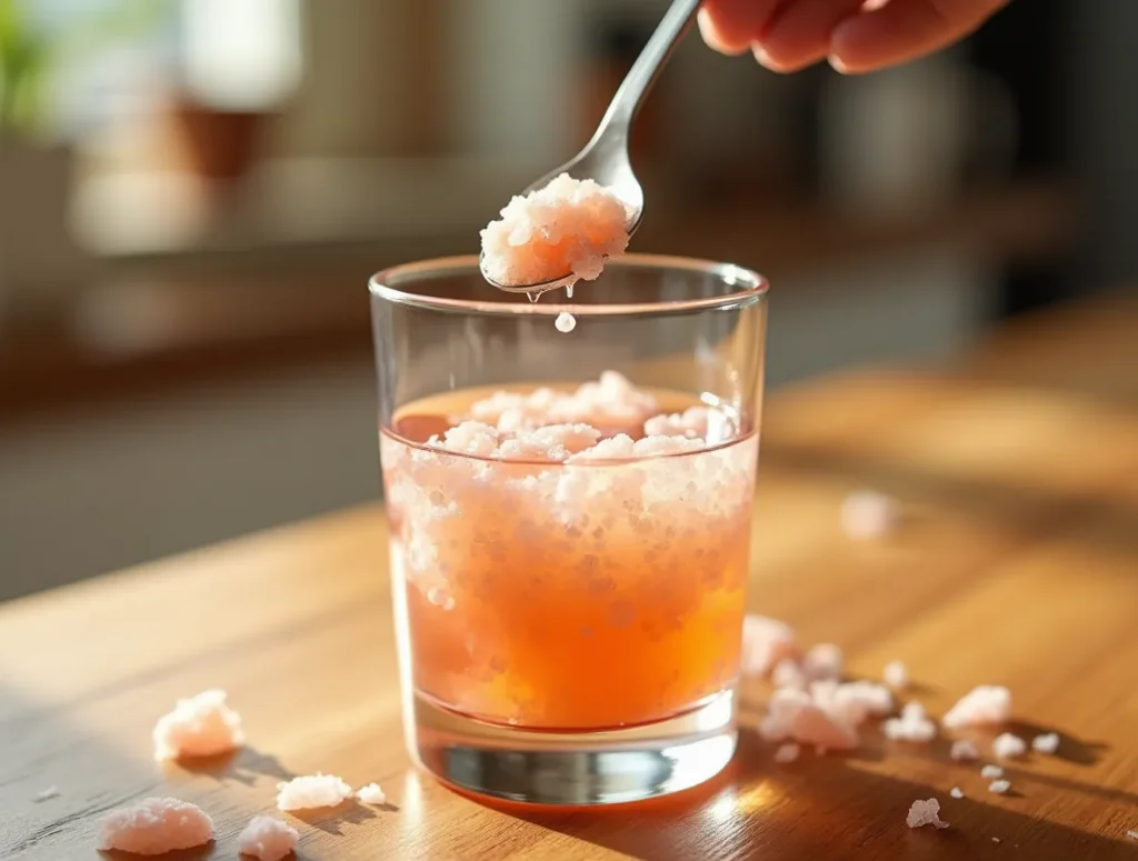 Pink Himalayan salt in a glass of warm water