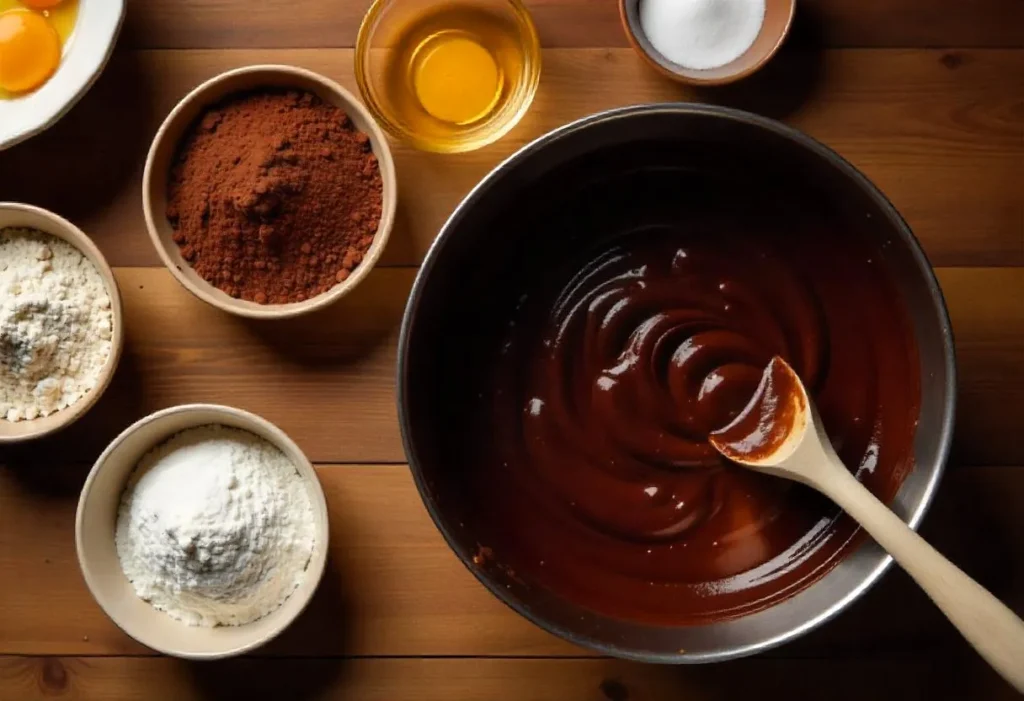 Step-by-step preparation of devil’s food cake batter with ingredients on a table