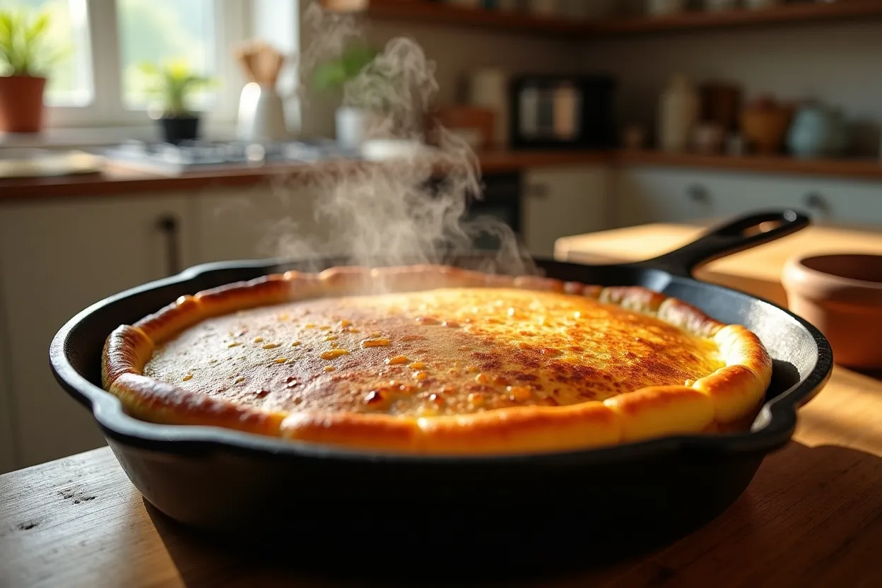 Freshly baked German pancake rising in the oven