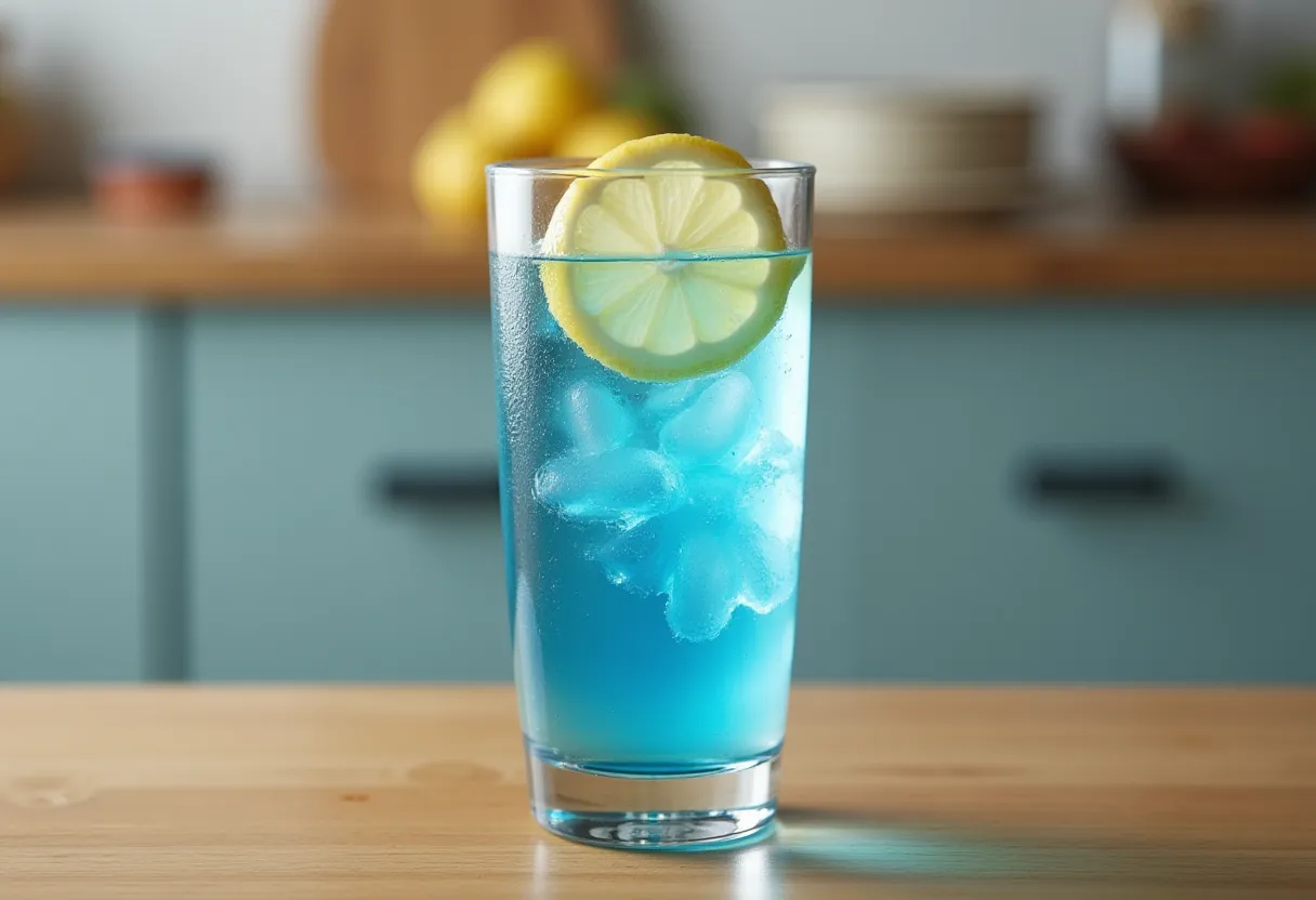 Glass of blue salt water with lemon slice