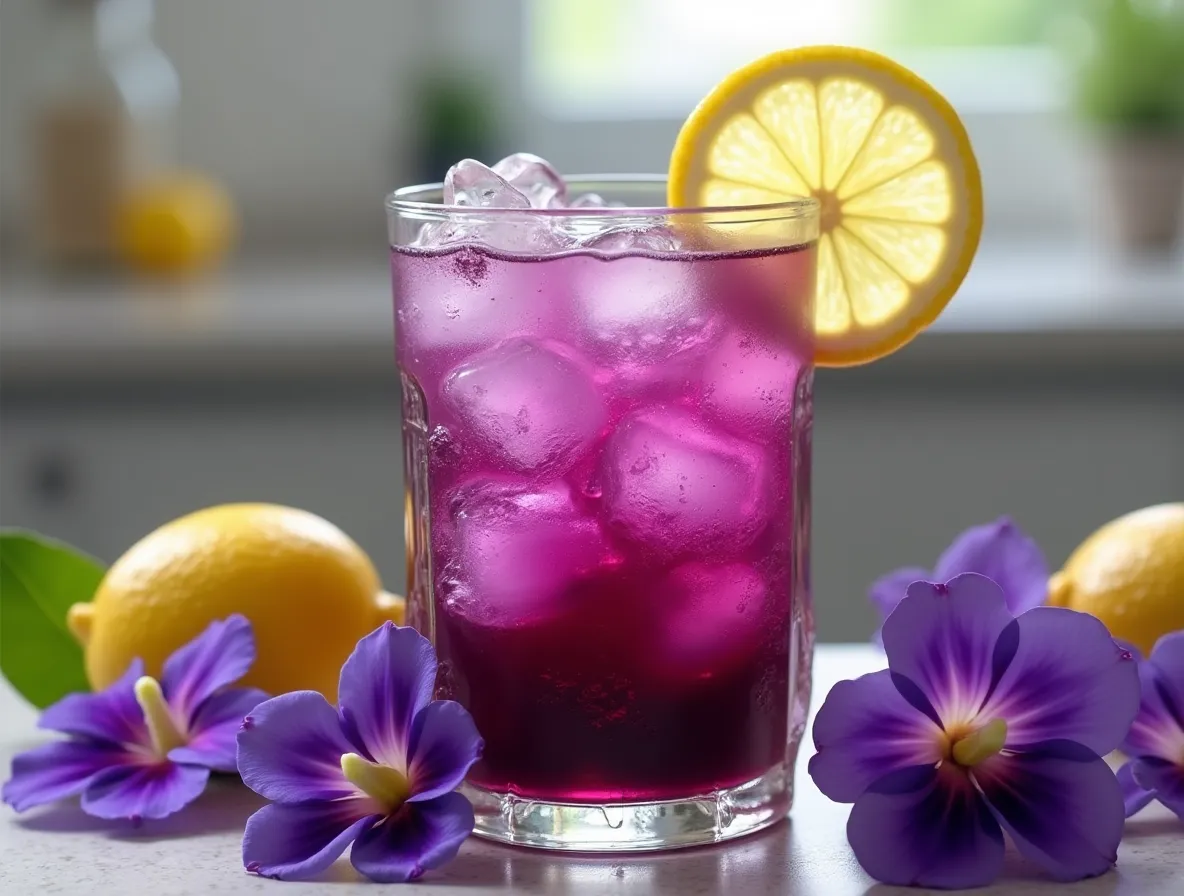 Brazilian Mounjaro drink served in a glass with lemon and flowers