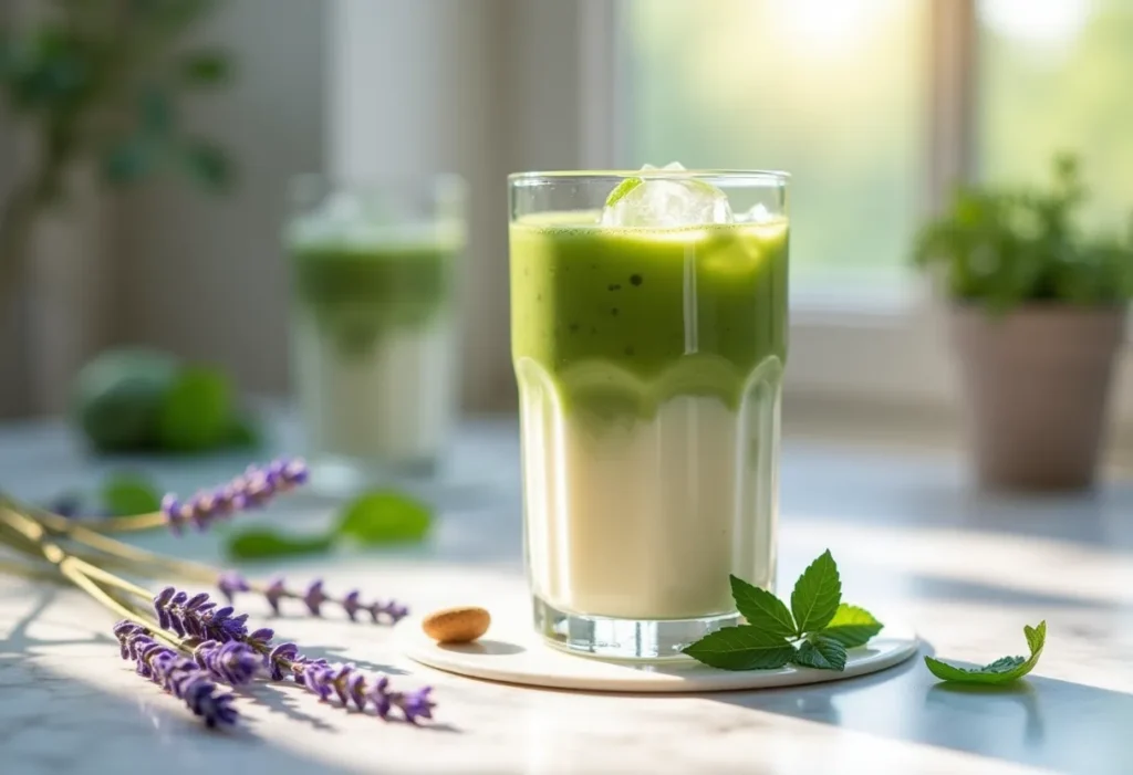 Iced lavender matcha latte in a clear glass with lavender sprigs