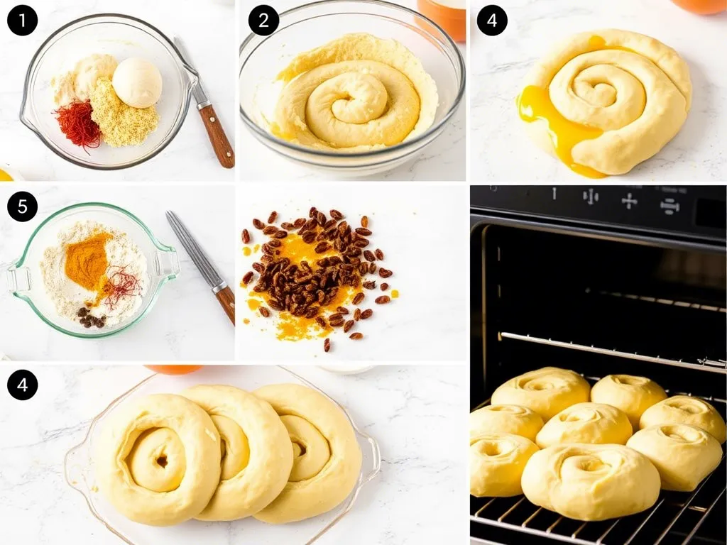 Photos showing mixing, kneading, shaping, and baking