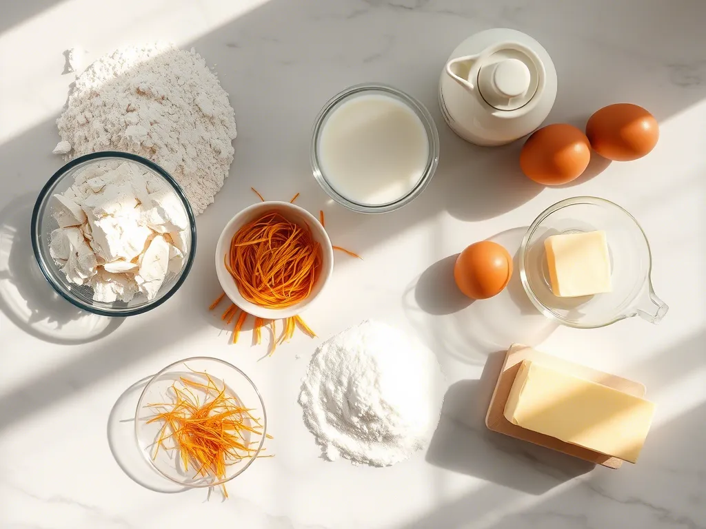 Flat lay of ingredients used in saffron bread