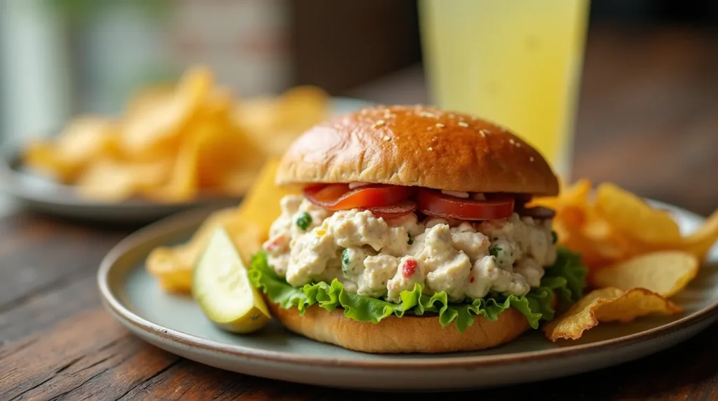 Chicken salad sandwich served with chips and pickle