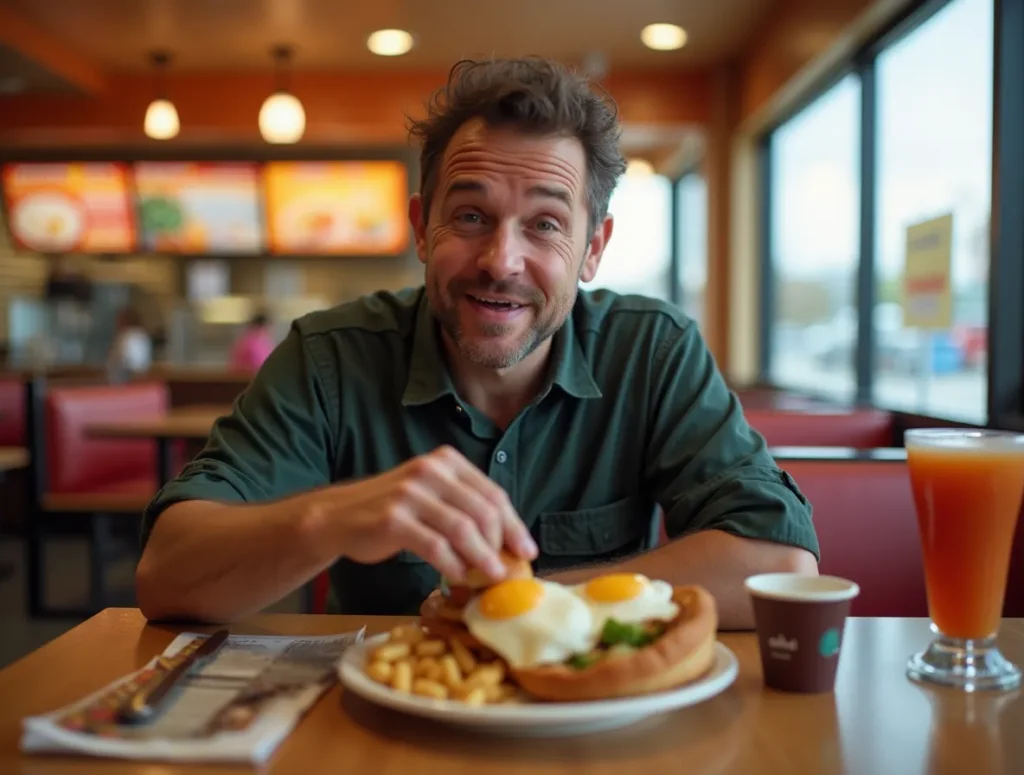 A customer enjoying breakfast at Hardee's