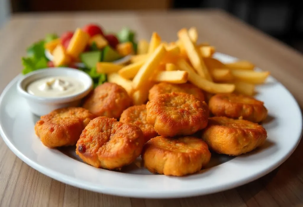 Grilled nuggets with dipping sauces and sides