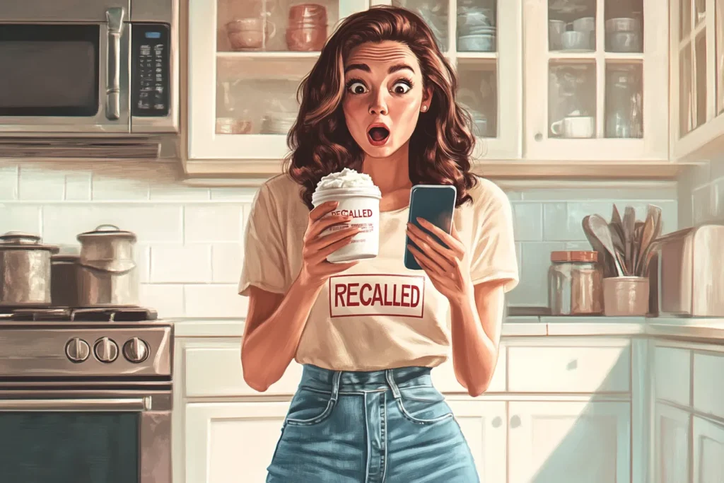 A woman reacting in shock to her ice cream