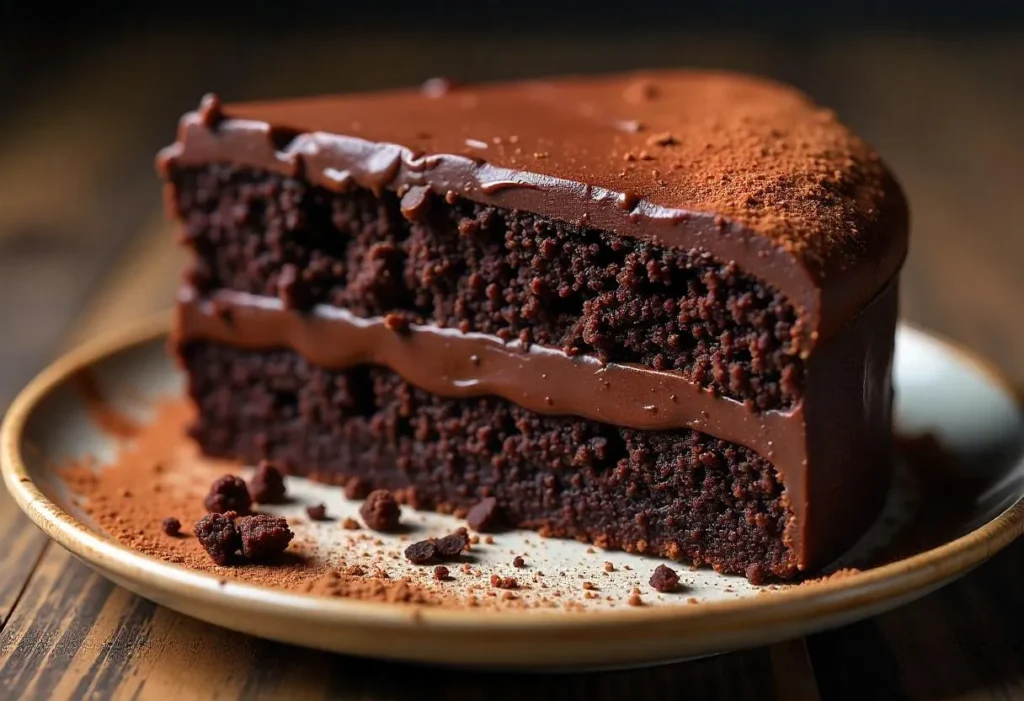 Ganache-filled devil’s food cake sliced on a plate with chocolate ganache dripping