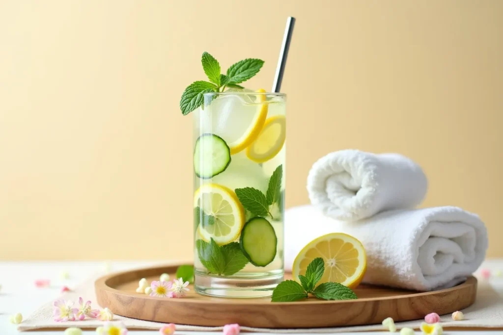A sparkling drink with cucumber slices and mint in a tall glass