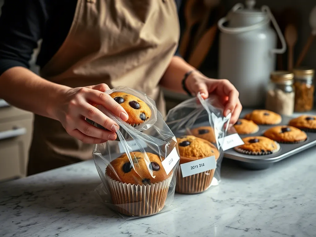 Muffins being frozen in zip-lock bags