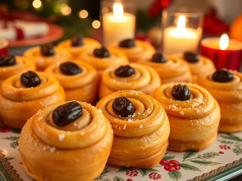 Lussekatter shaped saffron buns arranged on a festive tray
