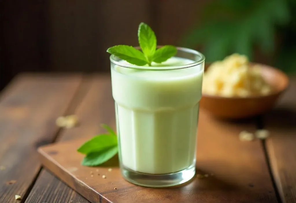 A glass of traditional Indian sweet lassi garnished with mint leaves.