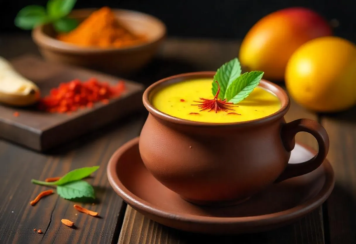 Traditional Indian sweet lassi in a clay cup