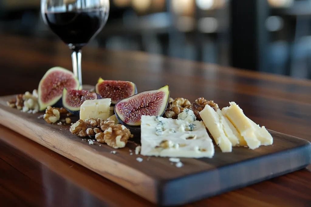 Cheese board with grouse cheese, fruits, and nuts
