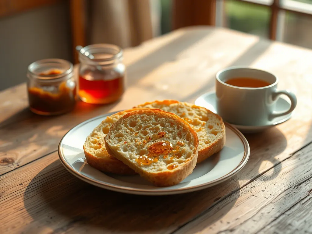 A slice of saffron bread with tea and jam