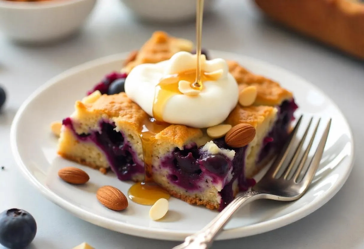 Breakfast bake with yogurt and nuts on top
