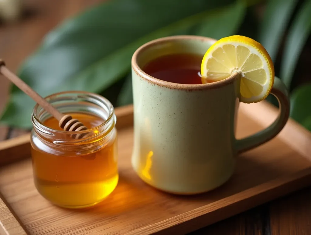 A cup of steaming kratom tea with a slice of lemon