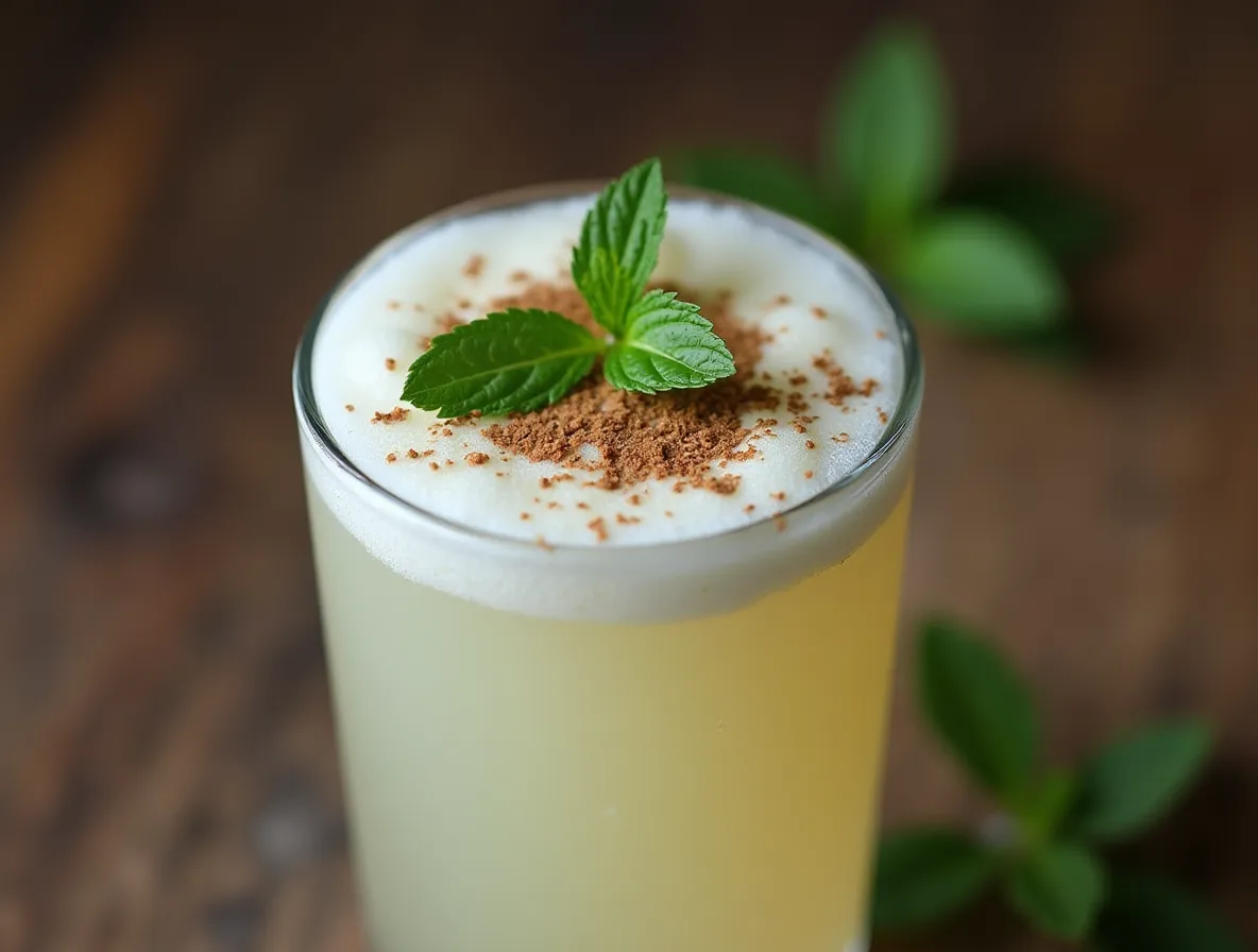 A frothy glass of Turkish ayran with a sprinkle of dried mint.