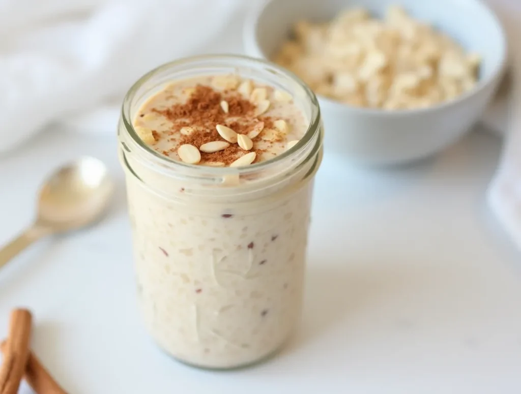Vanilla almond overnight oats with sliced almonds on top