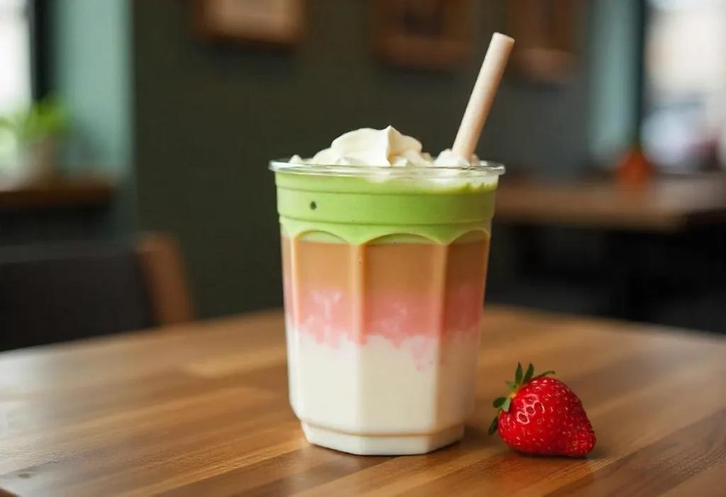 Vegan strawberry matcha latte with oat milk