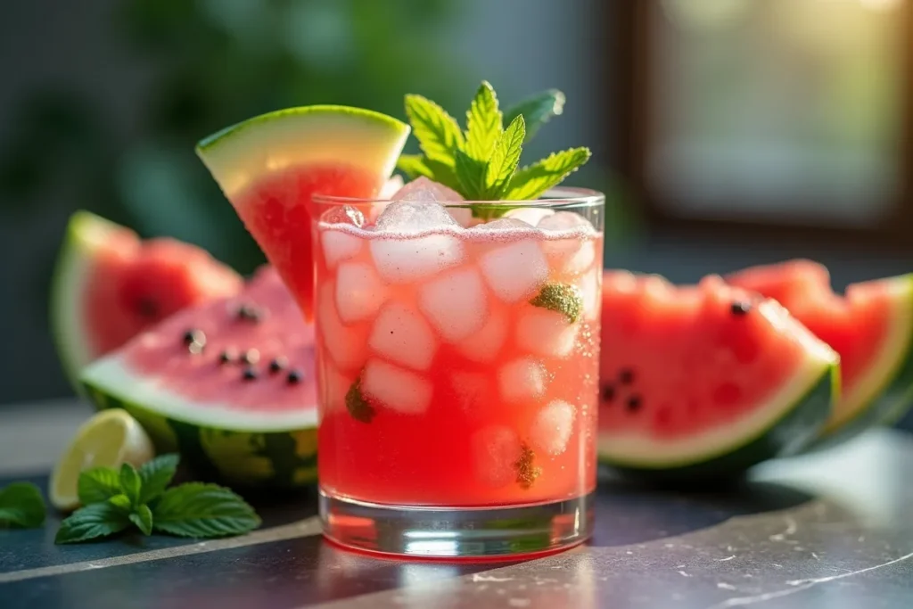 A glass of watermelon mint cooler with ice and fresh mint