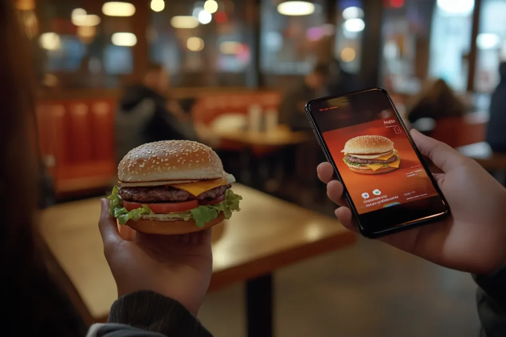 Disappointed customer looking at burger vs ad