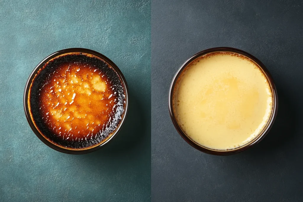 Burnt sugar crust and runny custard side-by-side