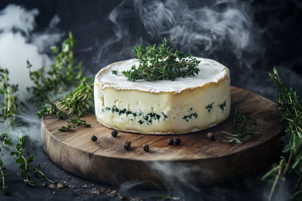 A wedge of grouse cheese on a wooden board with herbs