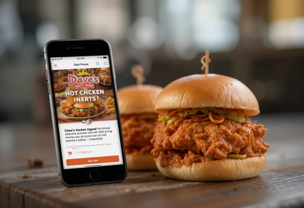 "Dave's Hot Chicken sliders with promo code pop-up"