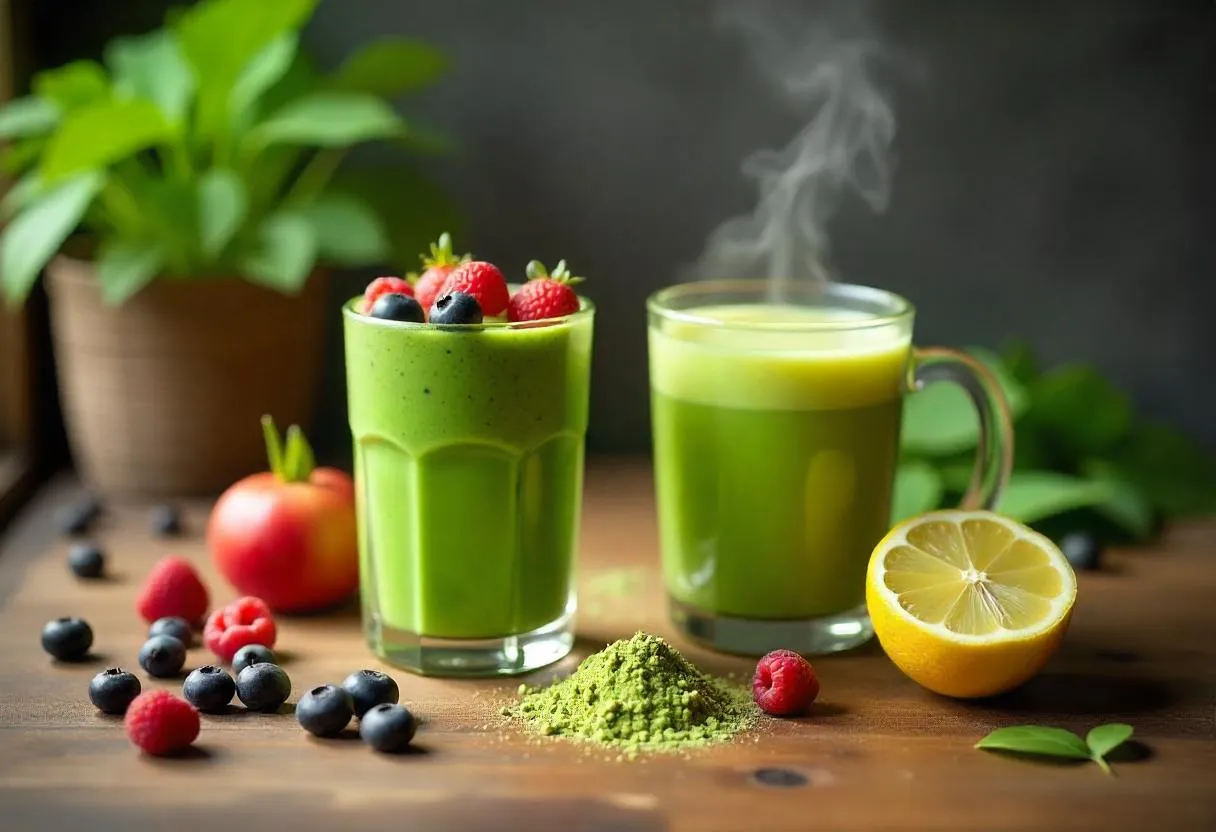 Kratom smoothie and tea on kitchen counter