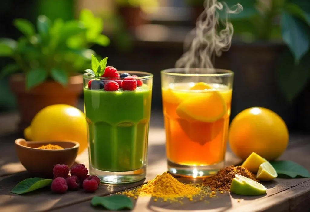 Kratom smoothie and tea on kitchen counter