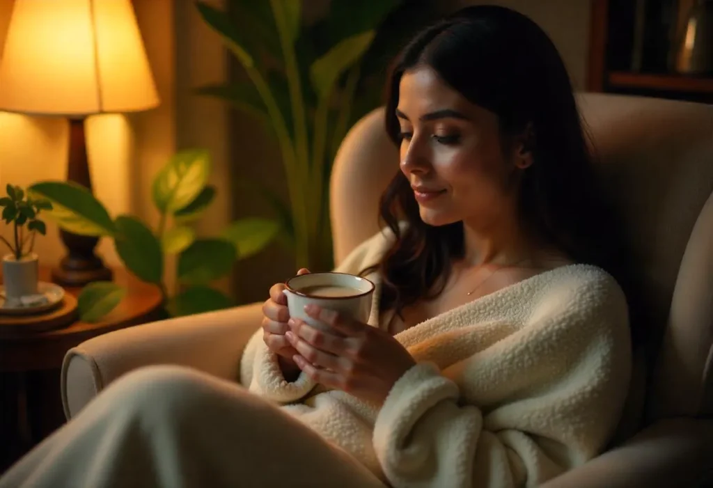 Sleepy woman holding warm kratom chai at night
