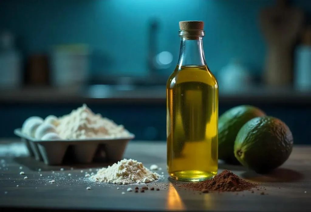 Avocado oil bottle and avocado beside brownie ingredients