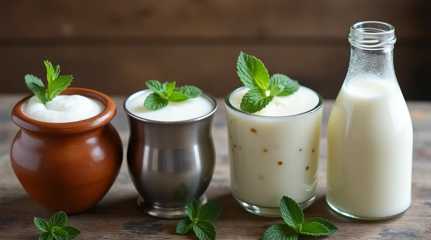 Glasses of traditional lassi, ayran, doogh, and kefir