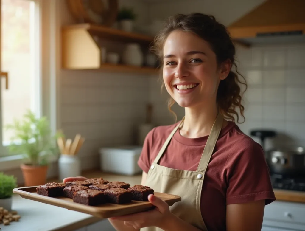 Happy baker holding a tray of avocado oil brownies