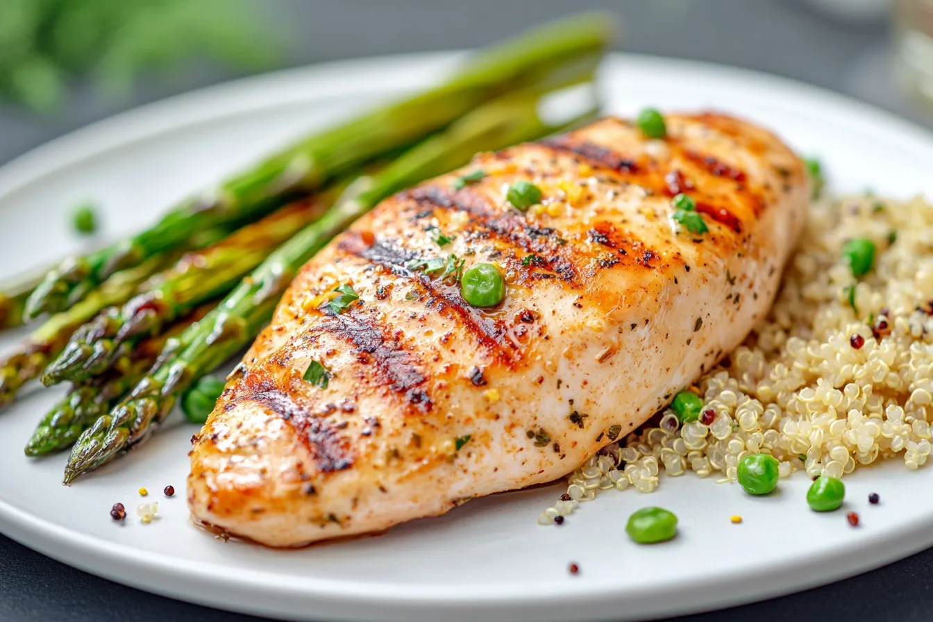 4 oz cooked chicken breast on a plate with vegetables
