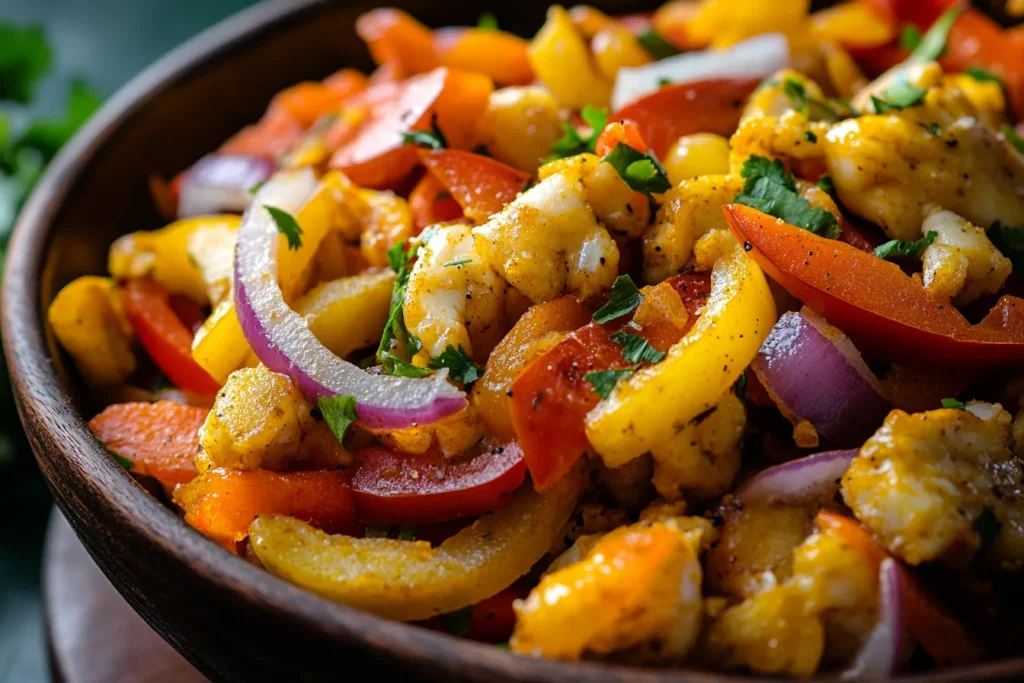 Ackee and saltfish with peppers
