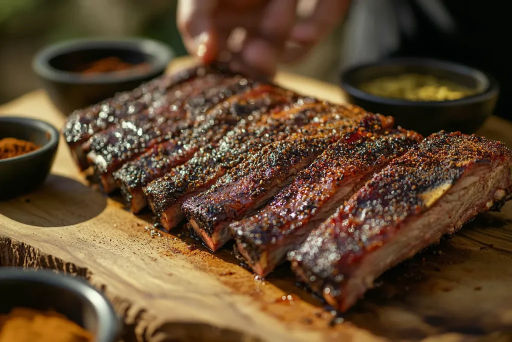 Seasoning beef plate ribs with rub