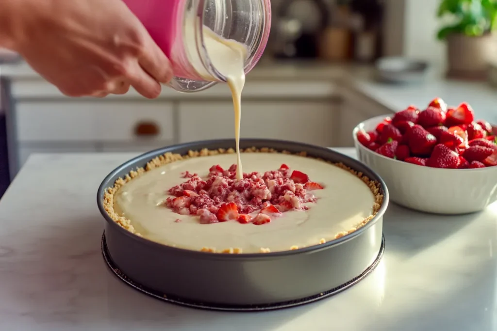 “Strawberry crunch cheesecake being assembled in a springform pan”
