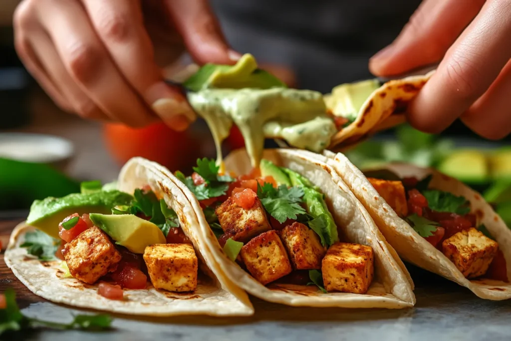 Assembling chipotle tofu tacos with fresh toppings