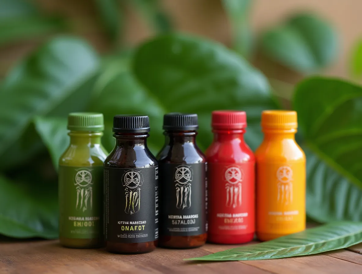 Assorted kratom drink shots with fresh kratom leaves
