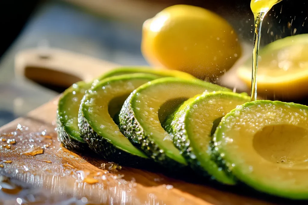 Sliced avocado with lemon on a cutting board
